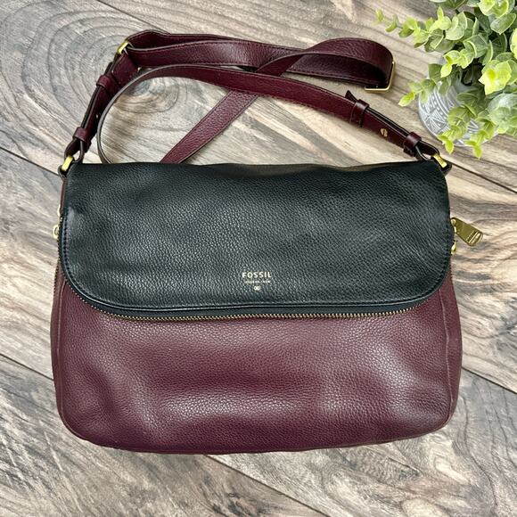 Fossil Handbags - Fossil Leather Zipper Crossbody Shoulder Satchel Saddle Bag Black Burgundy